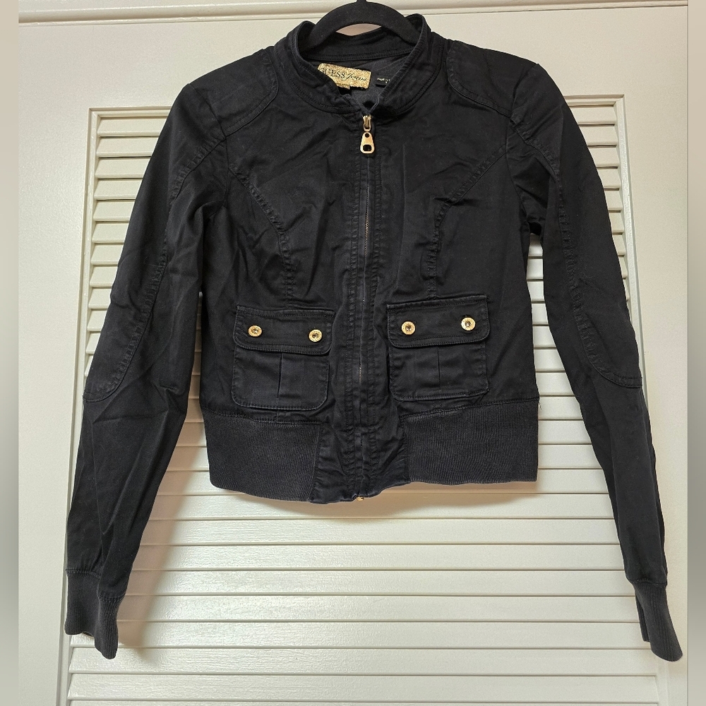 Guess Jeans - Black & Gold Stretch Casual Bomber Jacket With Pockets